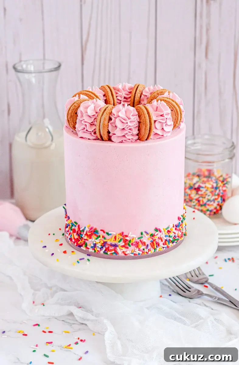 A pink Funfetti cake with brightly colored sprinkles all around the bottom of the cake on a white cake stand. The cake is topped with gold oreo cookies and pink frosting swirls.
