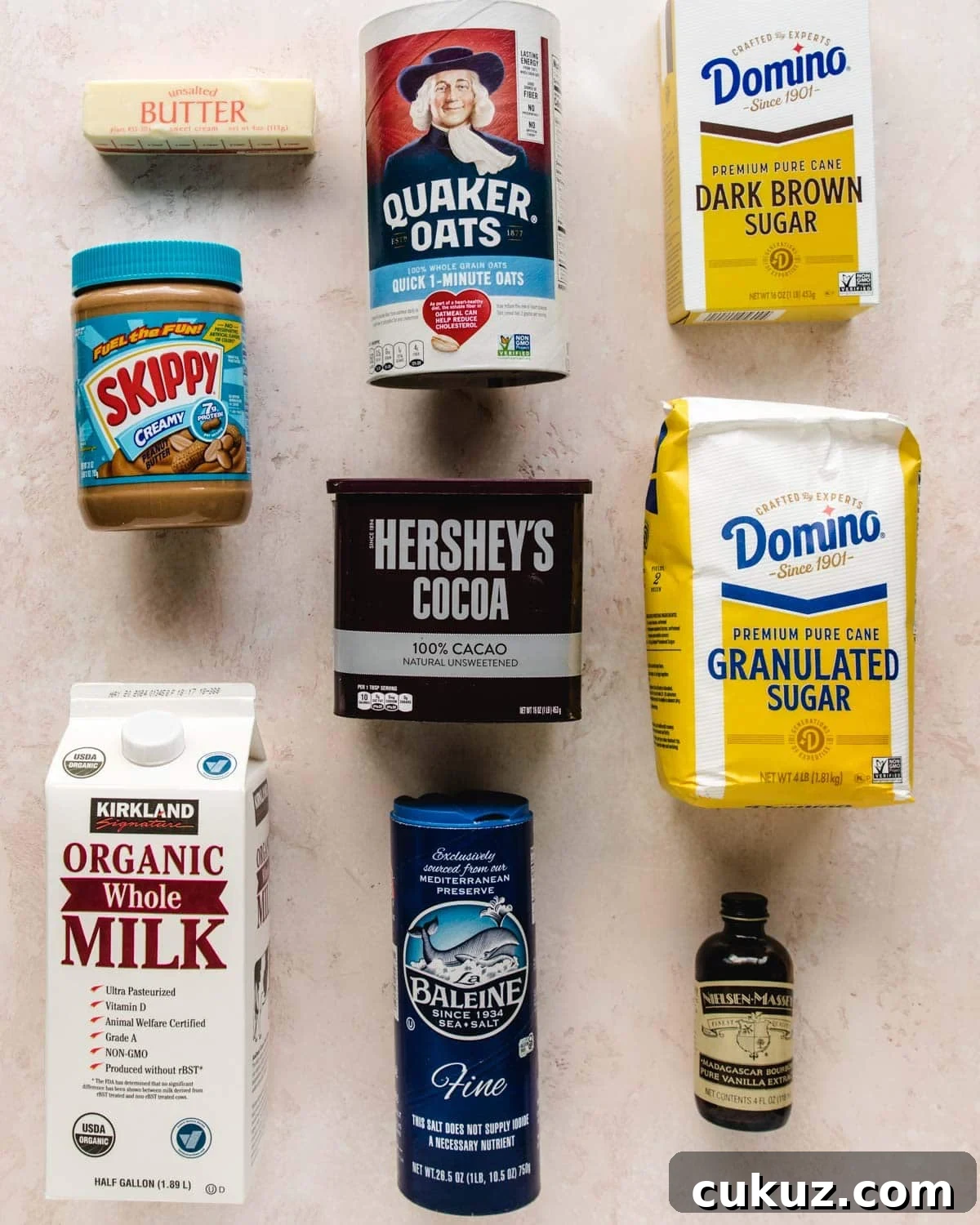 Ingredients needed to make no-bake chocolate peanut butter oat cookies.
