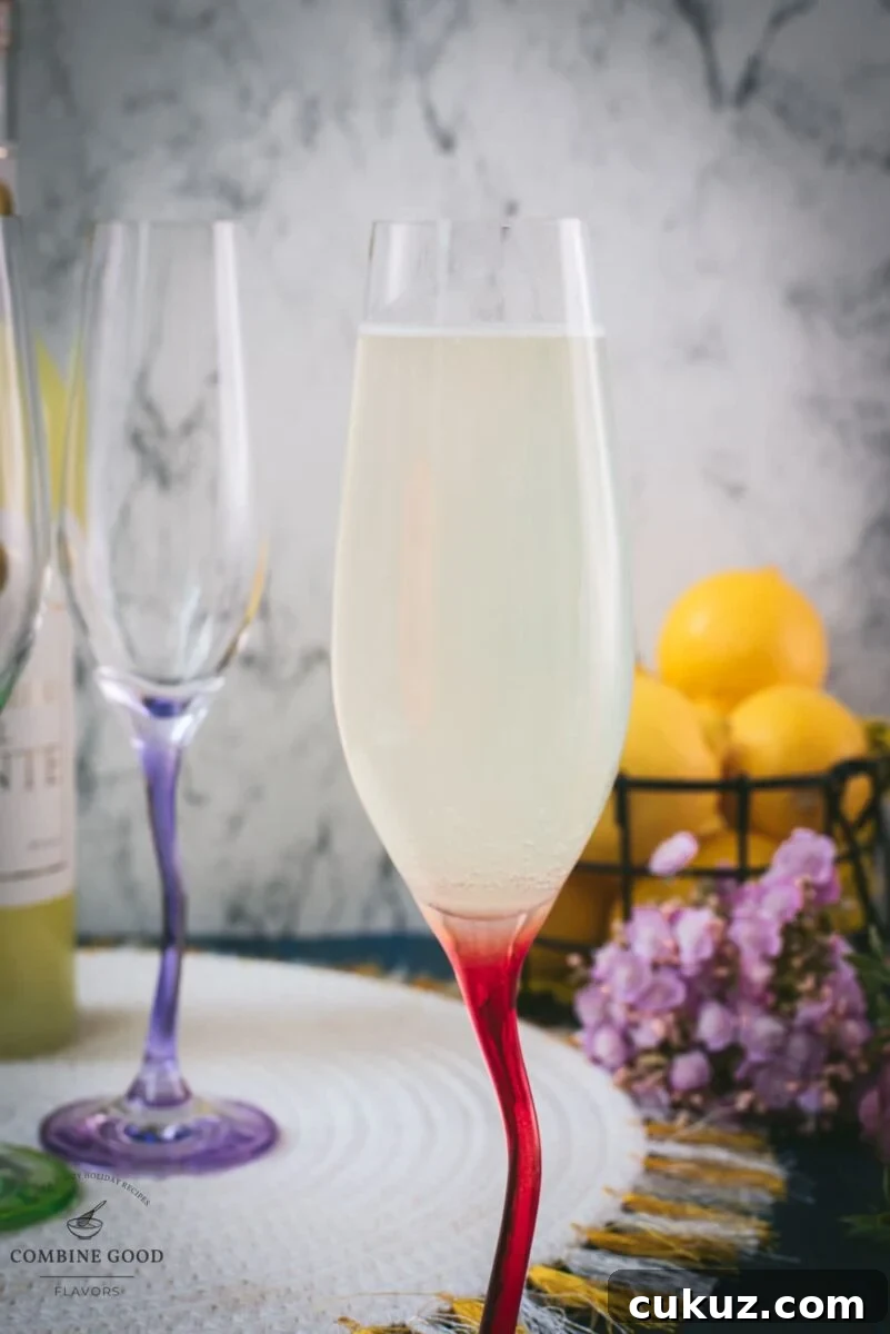 Gorgeous champagne glass filled with delicious sparkling limoncello.