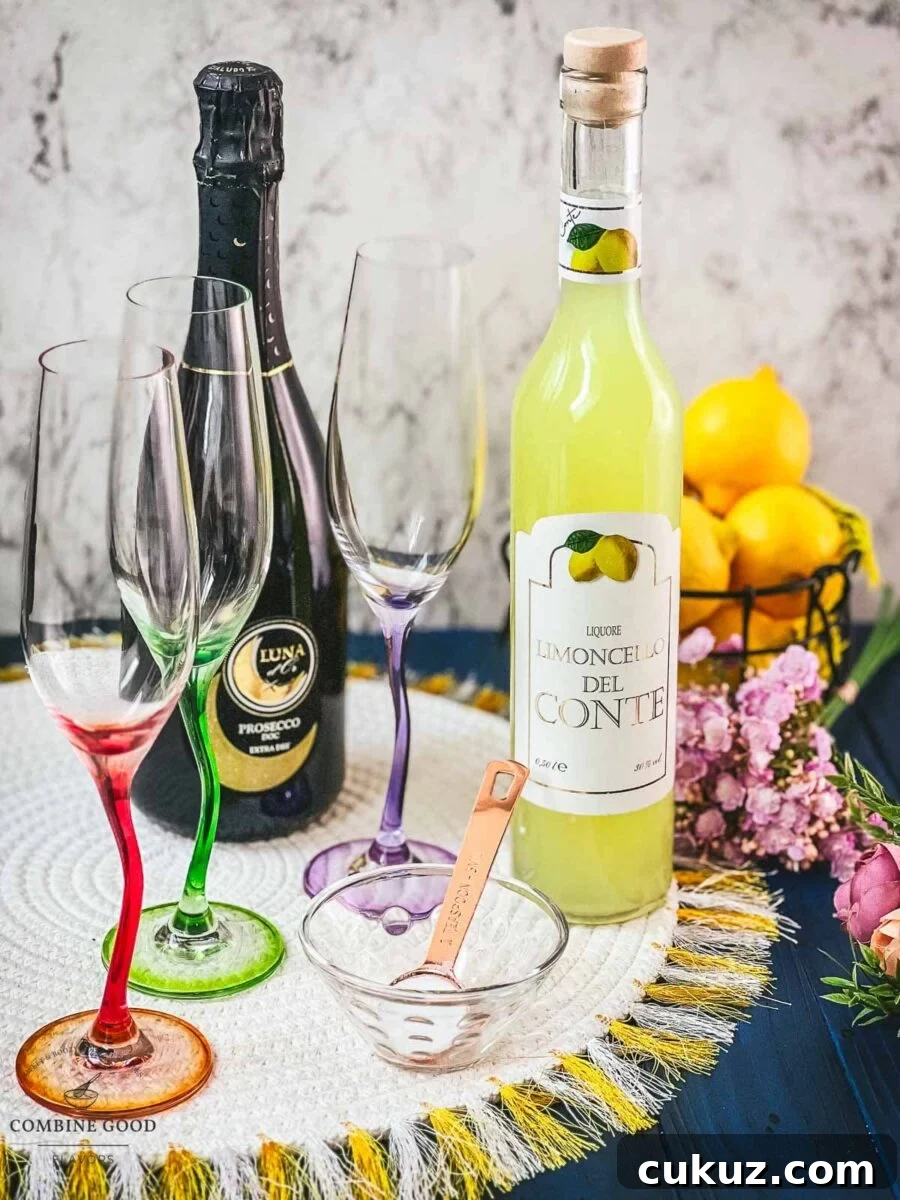 Sparkling limoncello ingredients - prosecco, limoncello, granulated sugar.