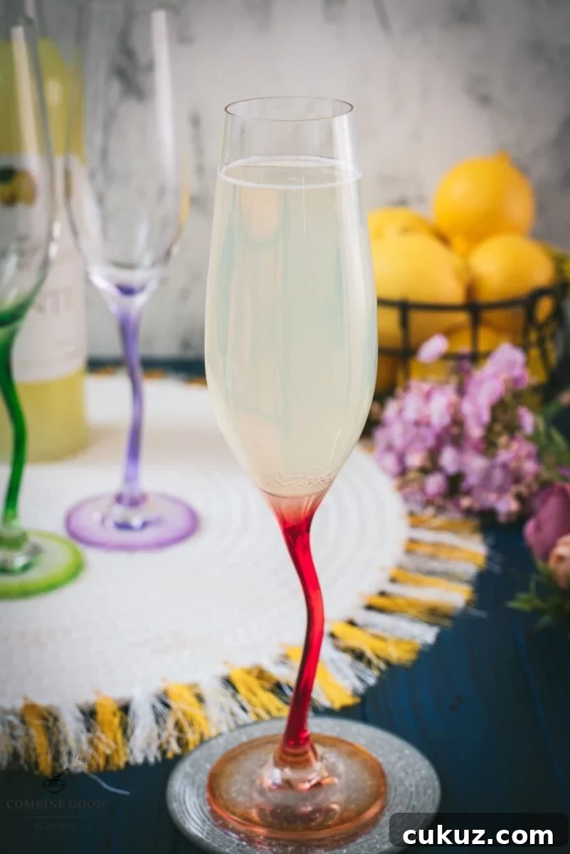 Gorgeous champagne glass filled with delicious sparkling limoncello.