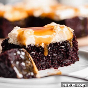 Piece of Chocolate Snack Cake with a corner removed sitting on a fork
