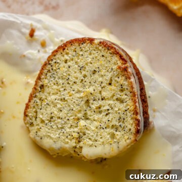 Close up shot of a slice of orange poppy seed cake.