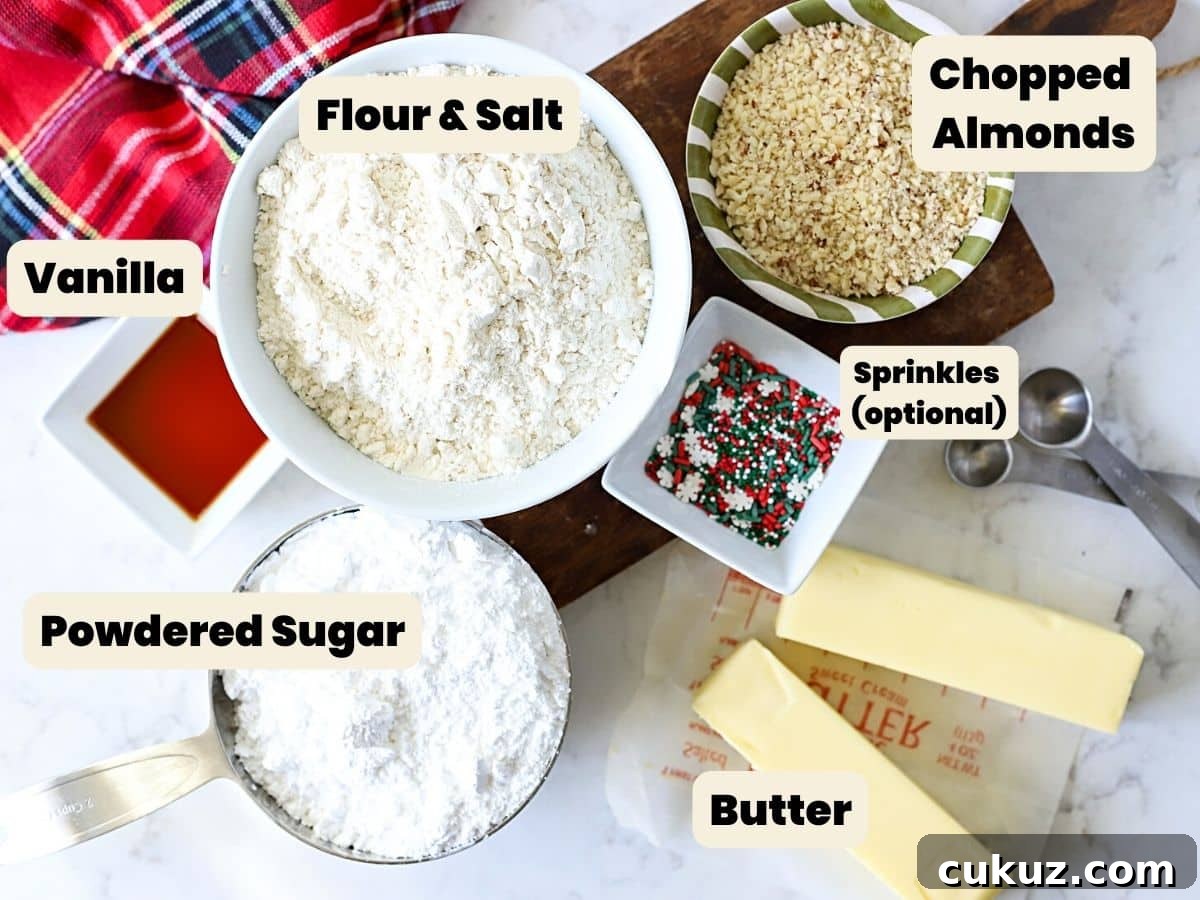 Classic Snowball Cookies Recipe for Perfect Holiday Cookies 4 A top down view of the ingredients to make snowball cookies.