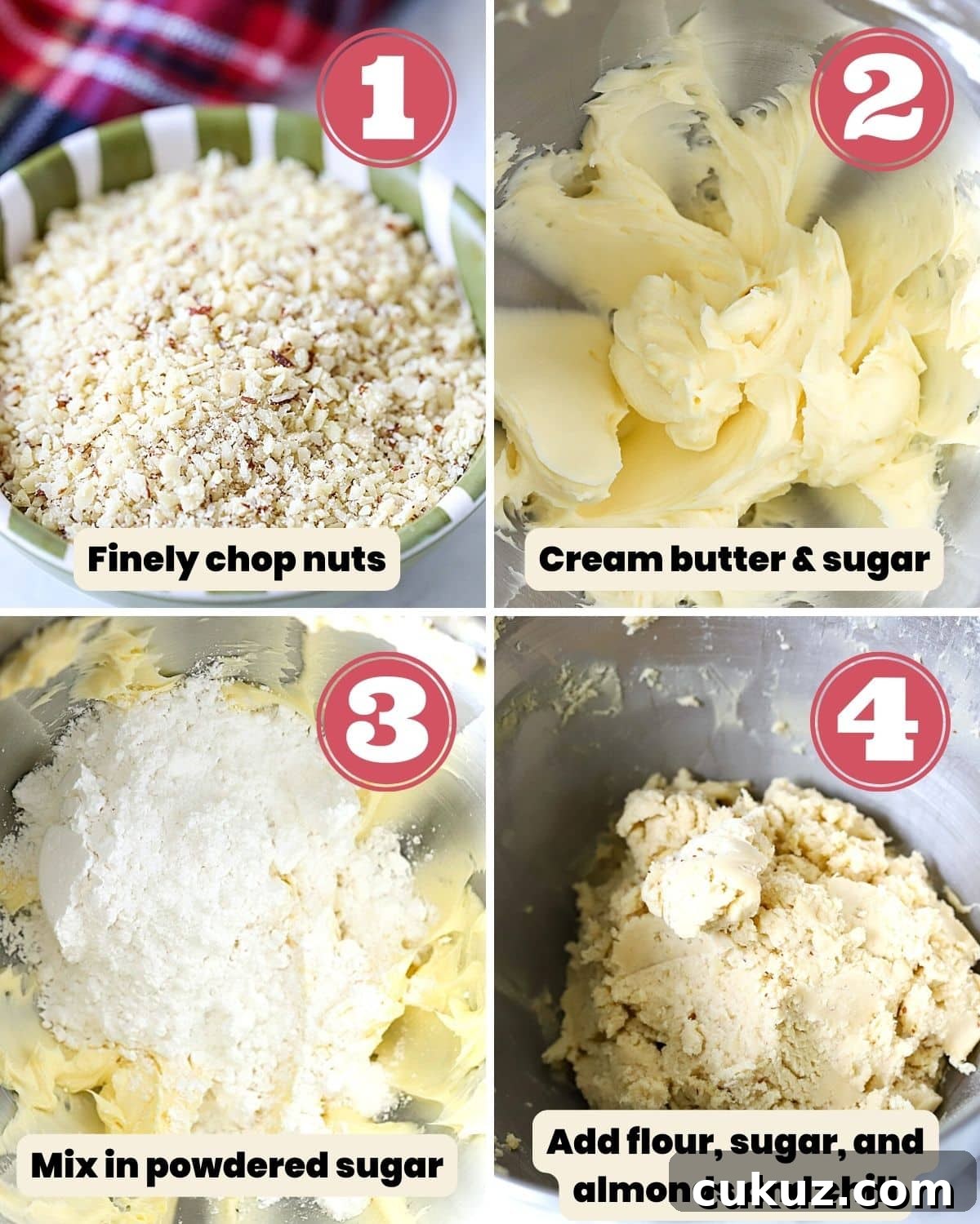 Classic Snowball Cookies Recipe for Perfect Holiday Cookies 5 The first 4 steps to make a snowball cookie.