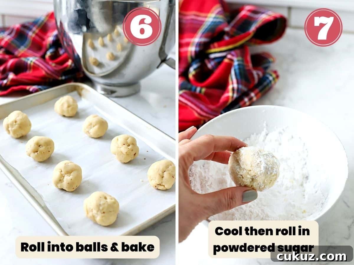 Classic Snowball Cookies Recipe for Perfect Holiday Cookies 6 Image showing rolled cookies and then rolling them in powdered sugar.