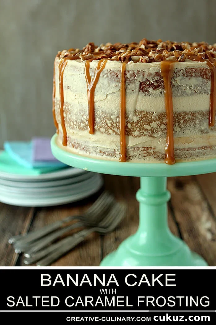 Banana Cake with Salted Caramel Frosting on a Green Cake Stand