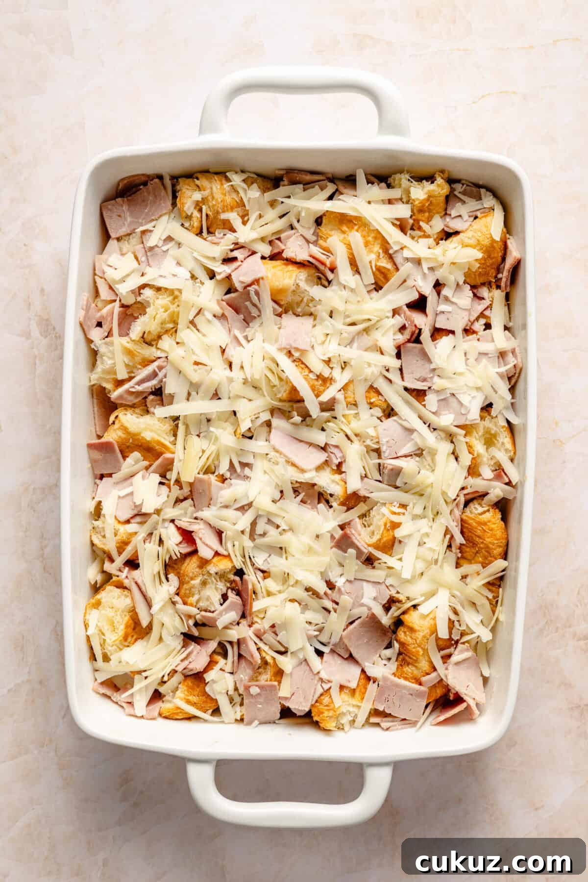 Croque Monsieur Breakfast Casserole before eggs are added.