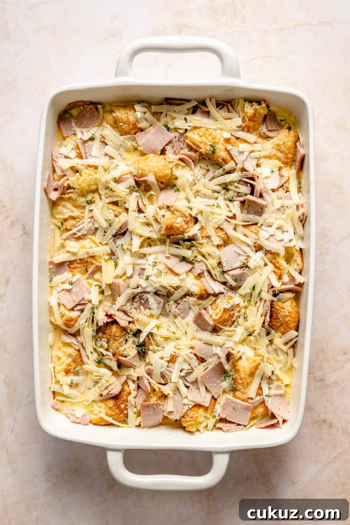 Croque Monsieur Breakfast Casserole before it is baked.