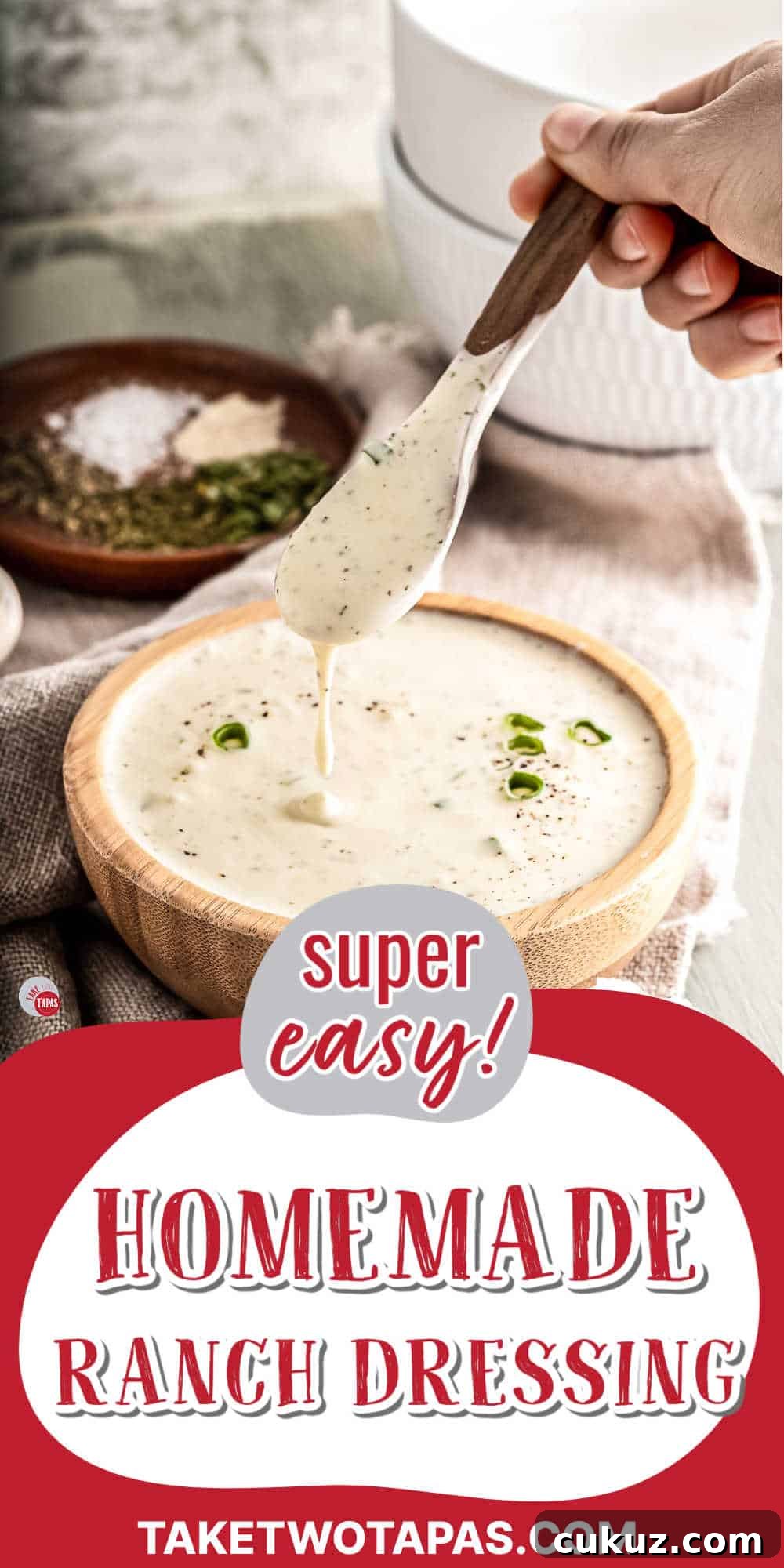 bowl with spoon of dressing with text "ranch dressing"