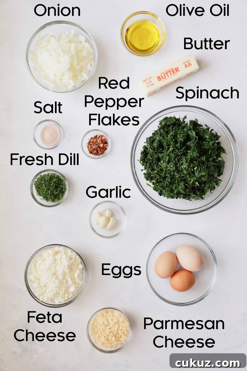 Overhead shot of ingredients for spanakopita