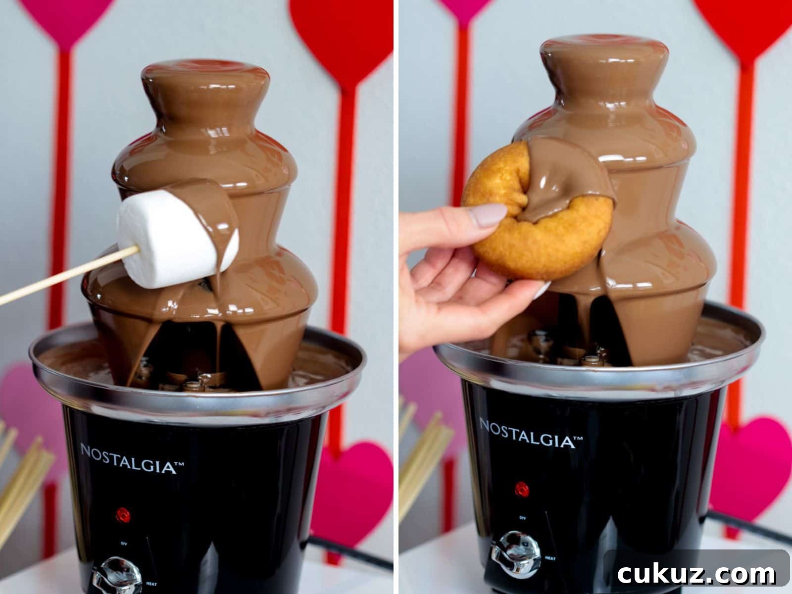 Chocolate fountain with a donut and marshmallow being coated.