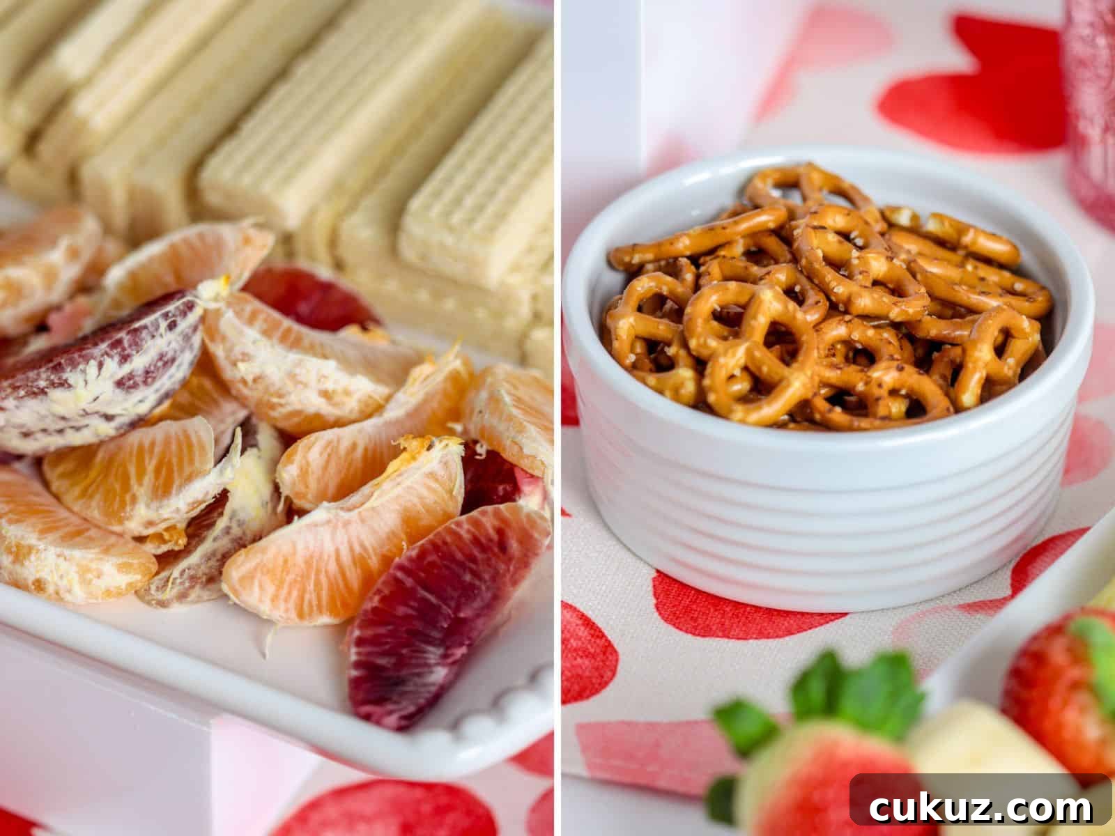 Oranges, pretzels and cookies.