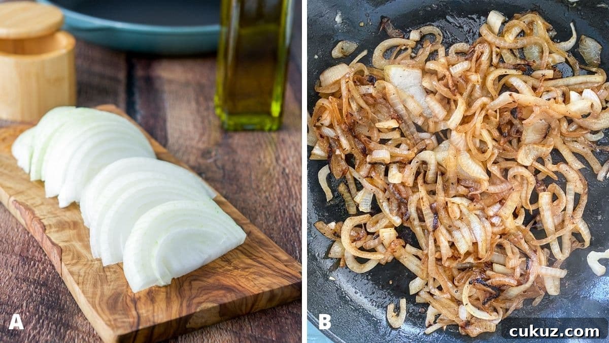 Left - A board with sliced onion, salt, oil and a pan. Right - onions sauteed in a pan