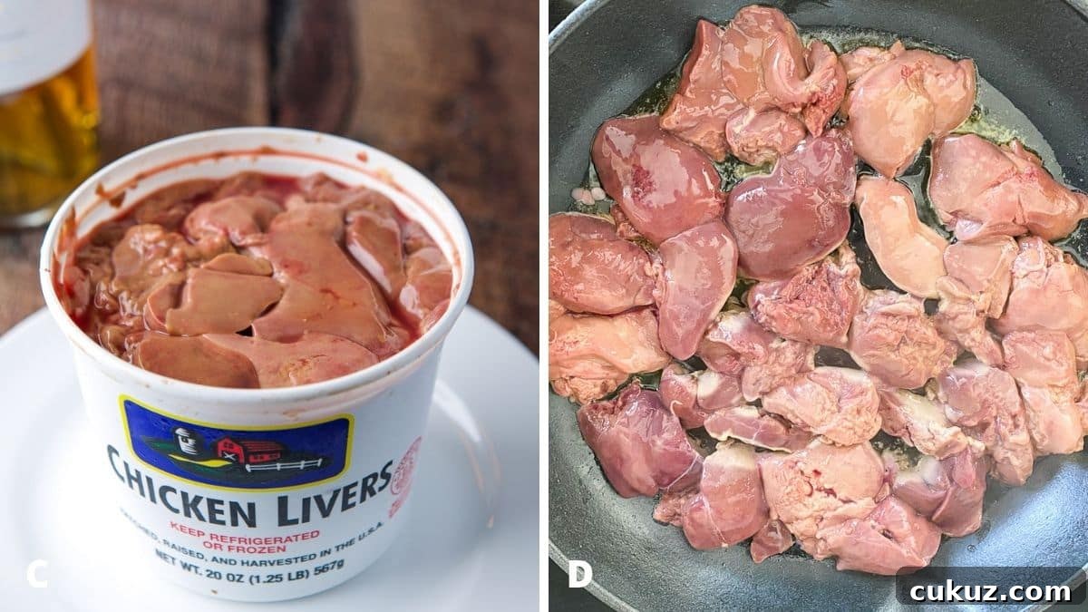 Left - a white container with livers in it. Right - oil and butter in a pan with raw livers