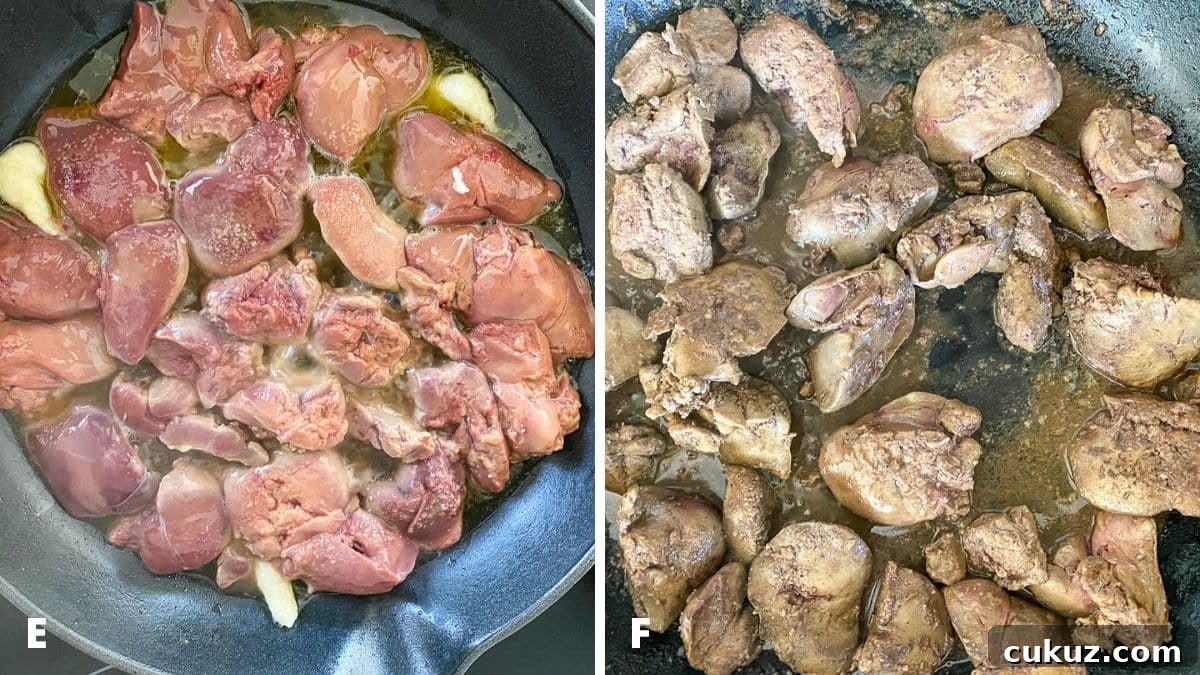 Left - garlic added to the livers in a pan. Right - the livers cooked in cognac