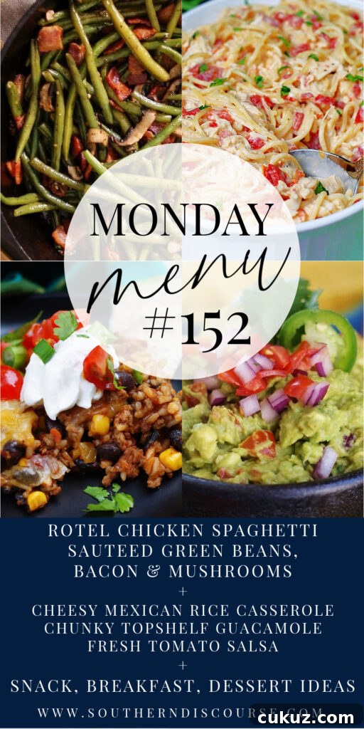 This week's Monday Menu meal ideas are centered around 2 quick and easy comfor dishes- Cheesy Rotel Chicken Spaghetti and a Mexican Rice Casserole that's an all-in-one skillet meal! There are choices for sides and lots of shared ingredients to make your grocery shopping easy and less wasteful. Monday Menu is always a winner!