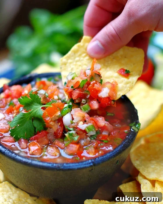 dipping fresh salsa with tortilla chips