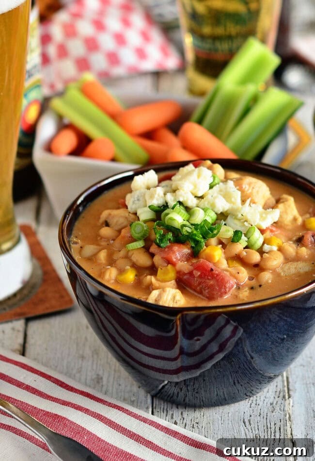 Buffalo Chicken White Bean Chili in a blue bowl