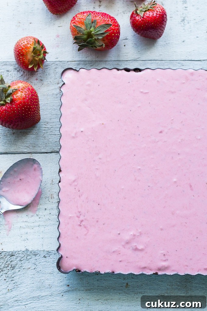 Overhead view of the Frozen Strawberry Goat Cheese Bars before going in the freezer.