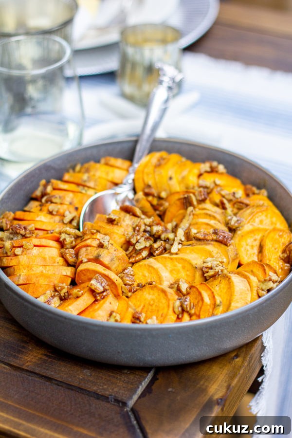 12 Irresistible Potato Recipes for Thanksgiving Sides 11 These Maple Pecan Sweet Potatoes are made with sliced sweet potatoes that are roasted in butter, salt, and maple syrup, which are topped with a butter, brown sugar, and pecan topping. It's a sweet and salty side dish perfect for Thanksgiving.