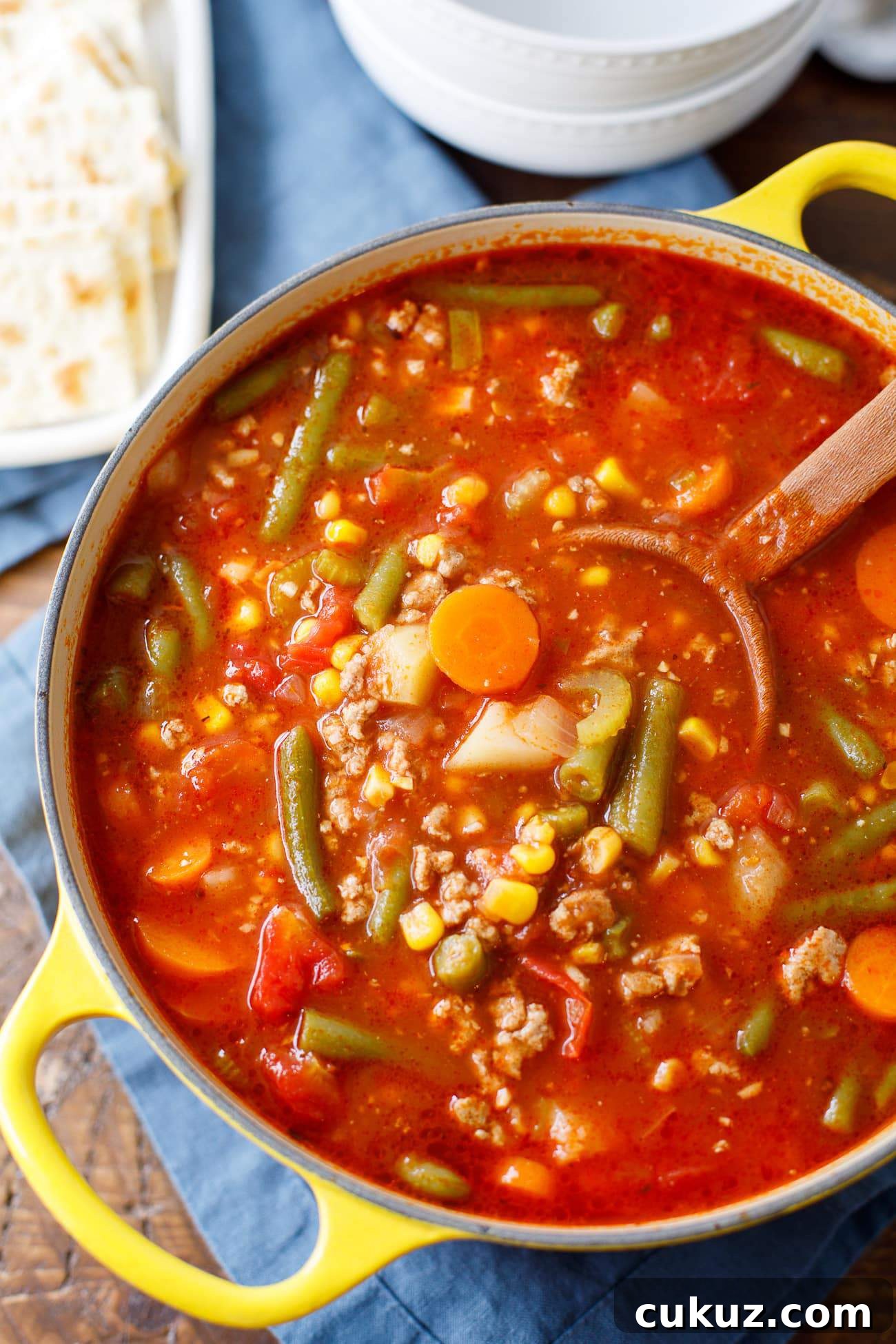 easy ground turkey soup overhead pot photograph with ladel
