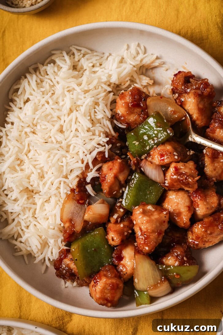 Close up of a plate of Honey Ginger Chicken with rice ready to be eaten.
