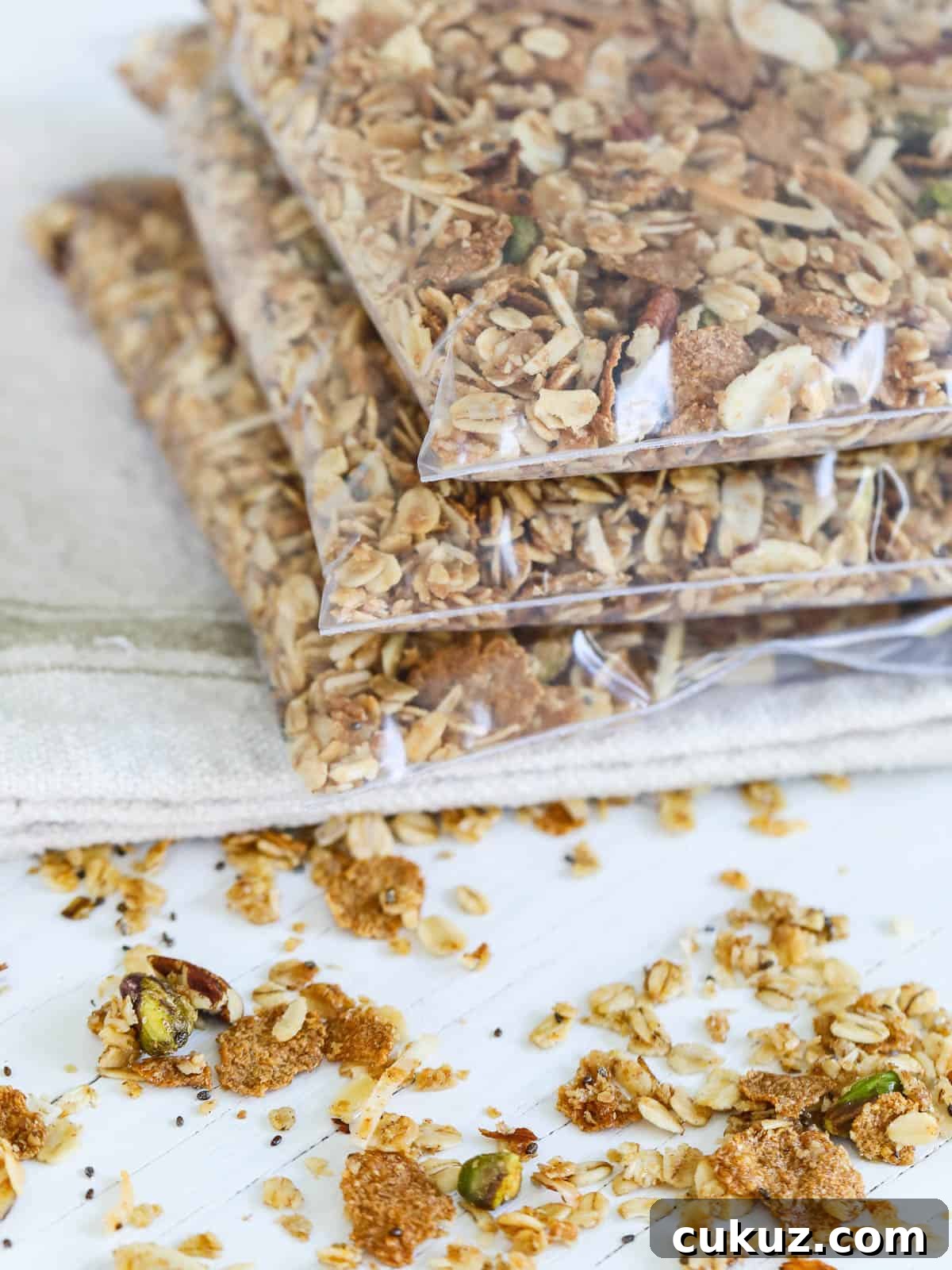 3 zip top bags filled with granola made at home on a beige towel. 