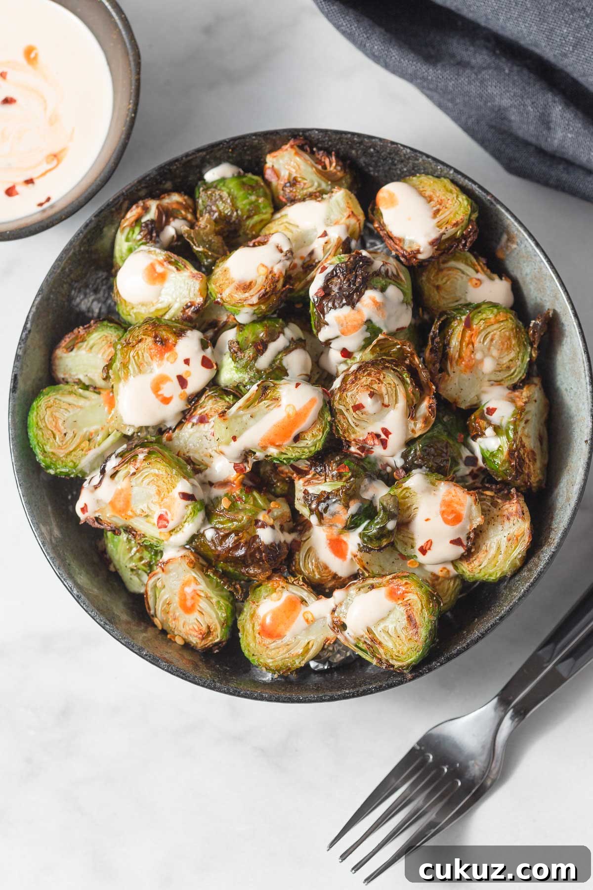Crispy Air Fryer Brussels Sprouts with Balsamic Glaze 2 air fryer crispy Brussel sprouts with spicy mayo sauce