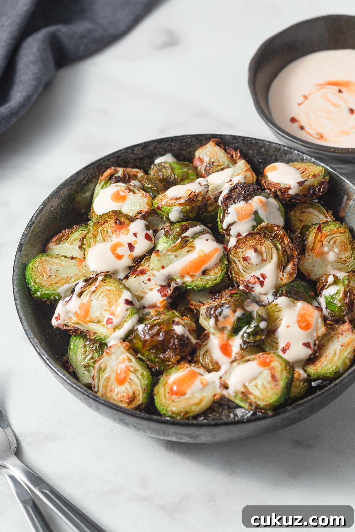 Crispy Air Fryer Brussels Sprouts with Balsamic Glaze 3 air fryer brussel sprouts with a spicy mayo sauce
