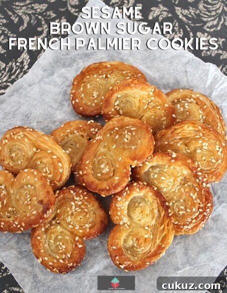 Easy Sesame Brown Sugar French Palmier Cookies, AKA Elephant Ears. These are a very easy to make crispy puff pastry cookie, filled with sesame seeds and brown sugar. Great for the holidays!