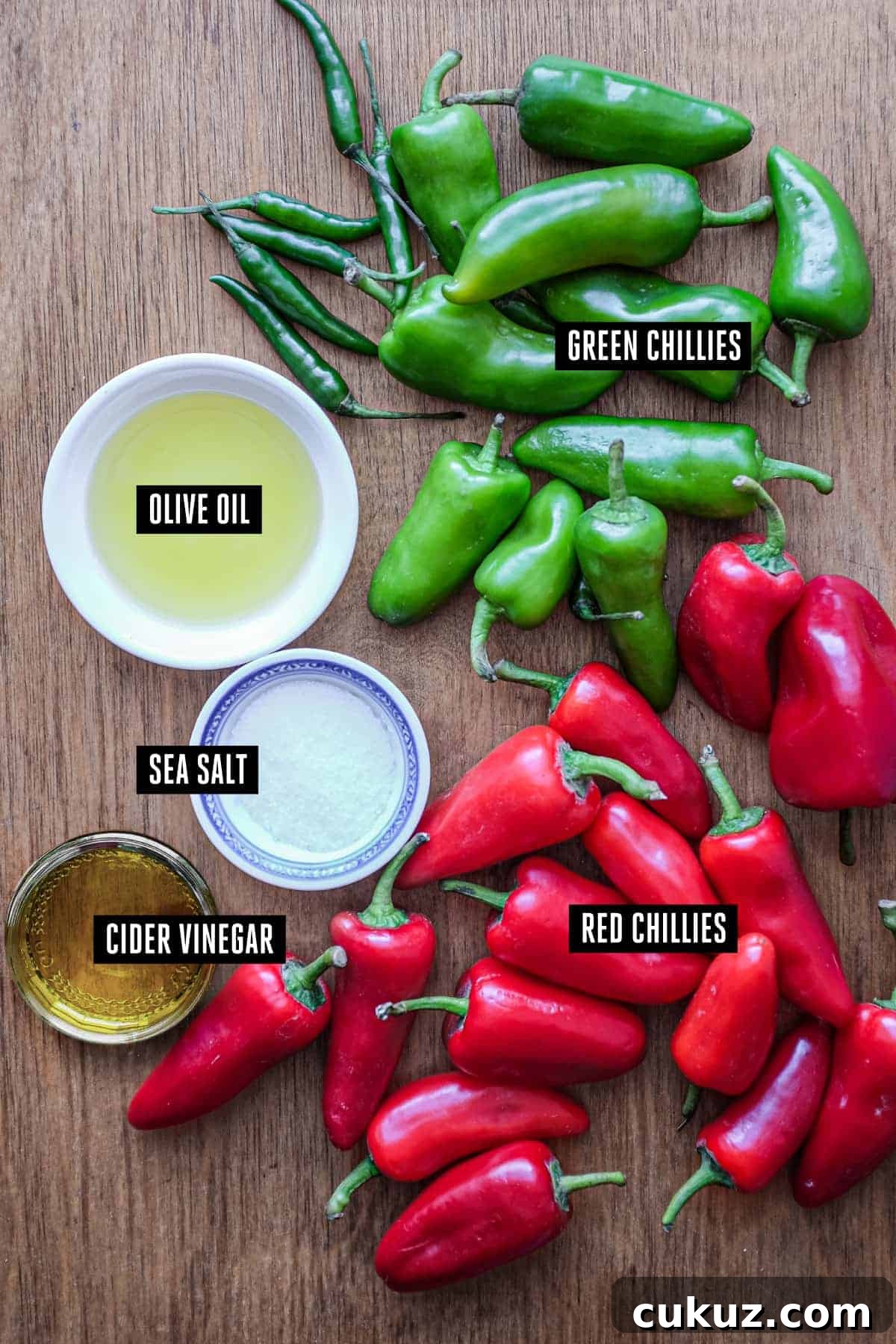 The ingredients for Middle Eastern Shatta Sauce: Red and green peppers, salt, oil and vinegar.