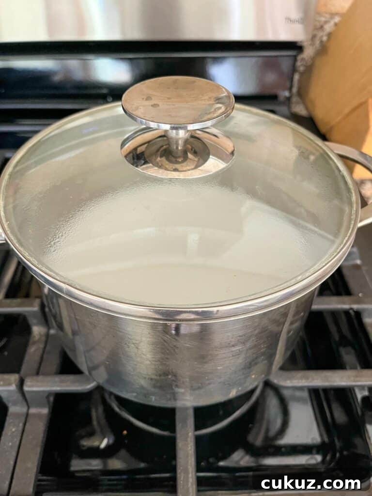 Rice cooking on the stove in a pot with a lid.