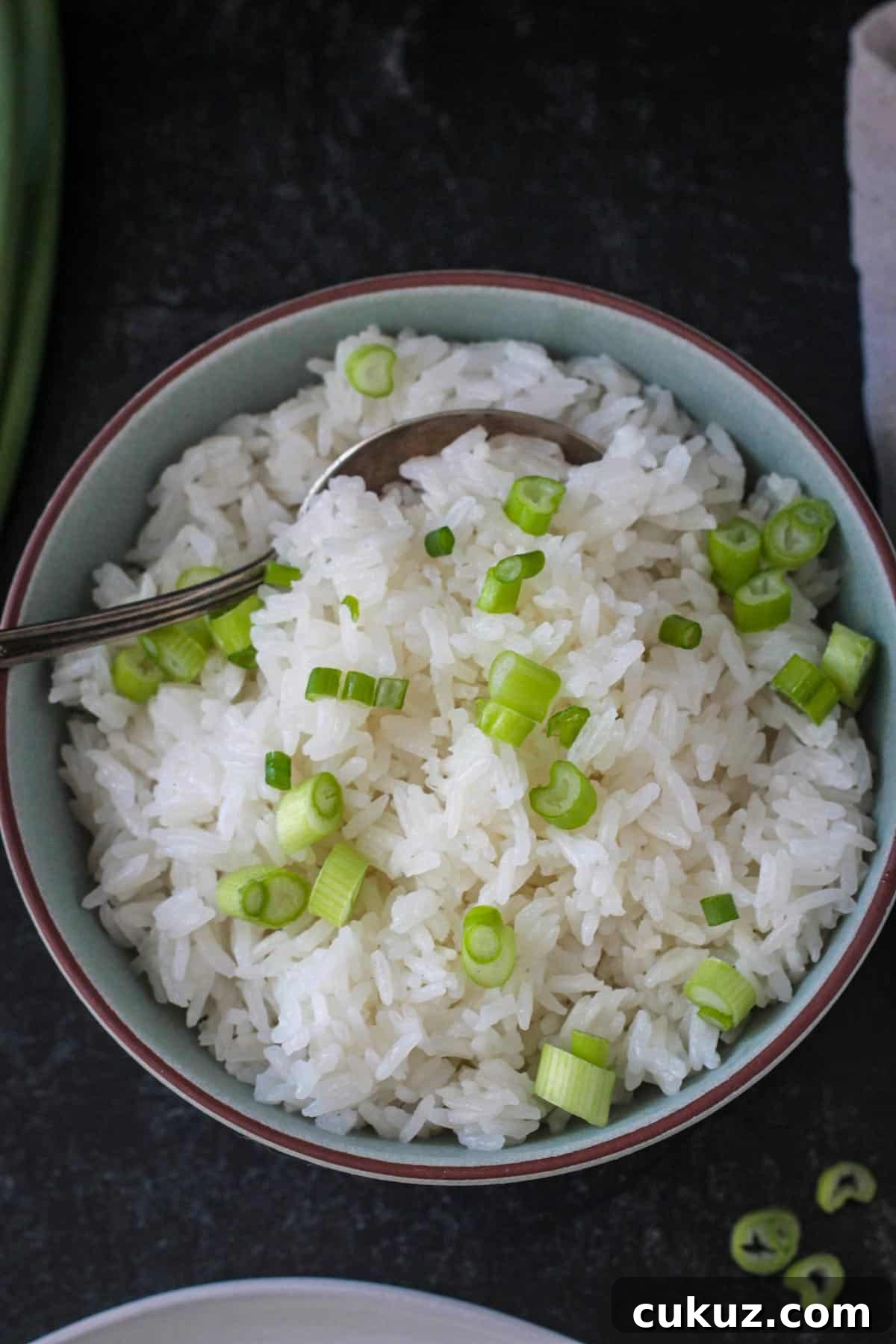 Fluffy coconut jasmine rice garnished with sliced green onions in a serving bowl.