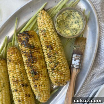 Closeup of grilled corn on the cob with herb butter.