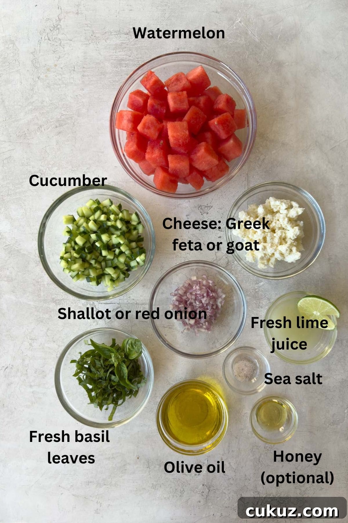 Ingredients for a refreshing watermelon salad.
