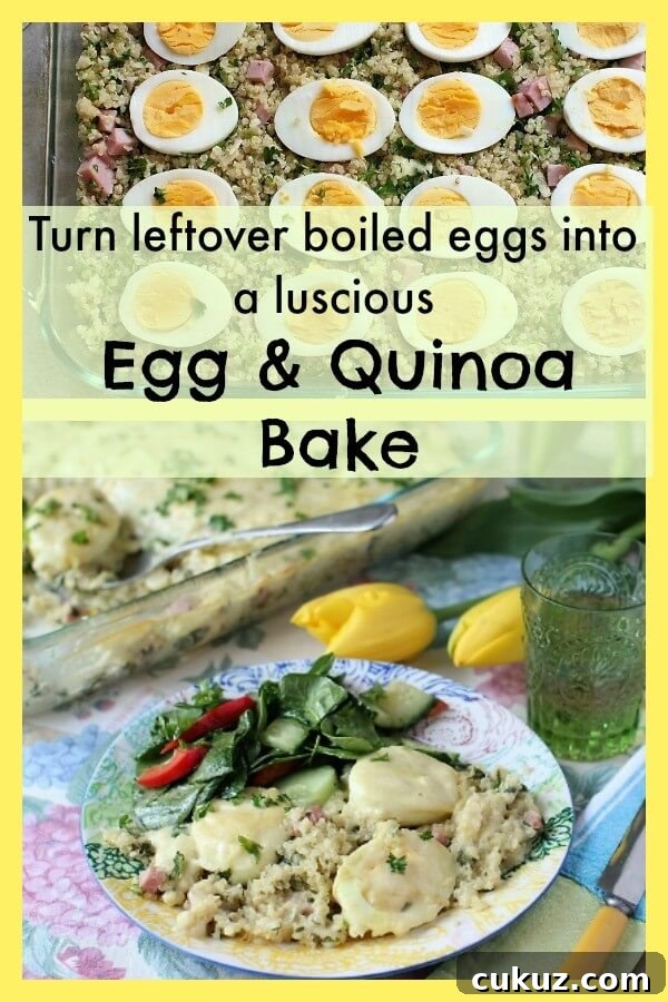 Egg and Quinoa Bake is a delicious way to use up leftover boiled eggs. They are nestled into a tasty ham and quinoa base and napped with a creamy cheesy sauce - a wonderful lunch or dinner!
