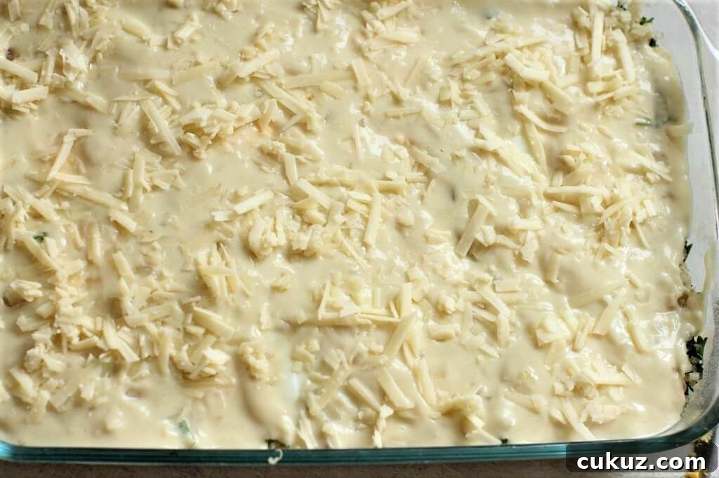 quinoa bake is covered with white sauce and cheese and ready for the oven