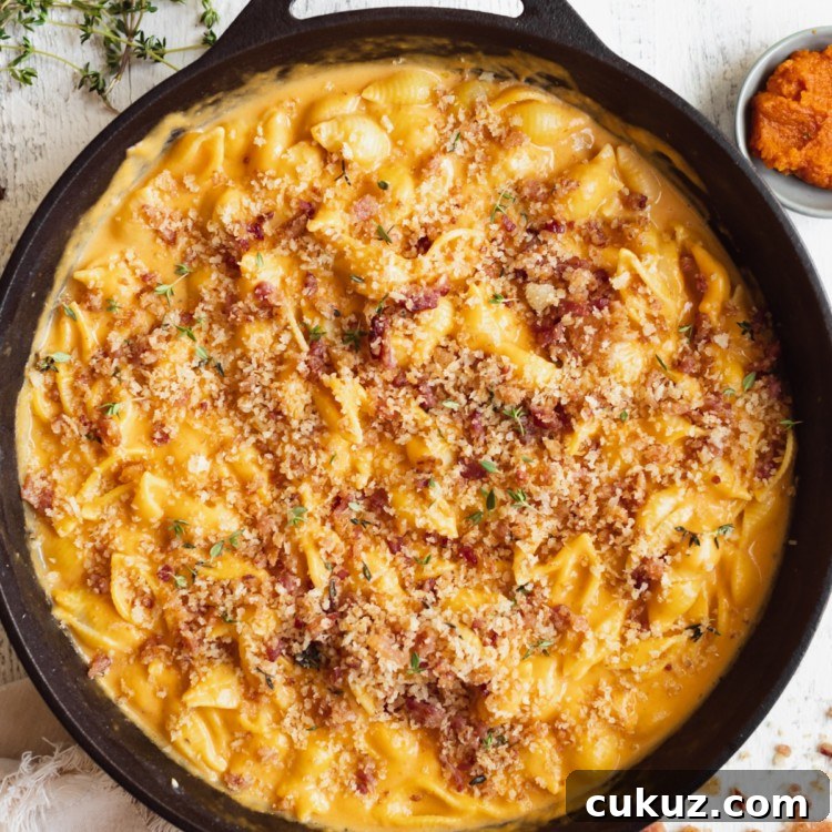 macaroni pasta on in a black cast iron skillet in a pumpkin cheddar cheese sauce garnished with bacon and fresh thyme.