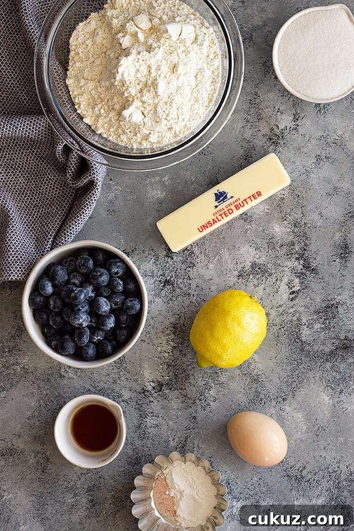 overhead: ingredients needed for blueberry lemon scones