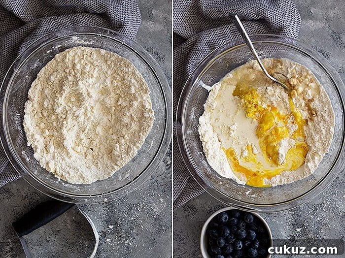 overhead process shot collage: first image shows the butter cut into the flour and the second image shows adding the dry ingredients