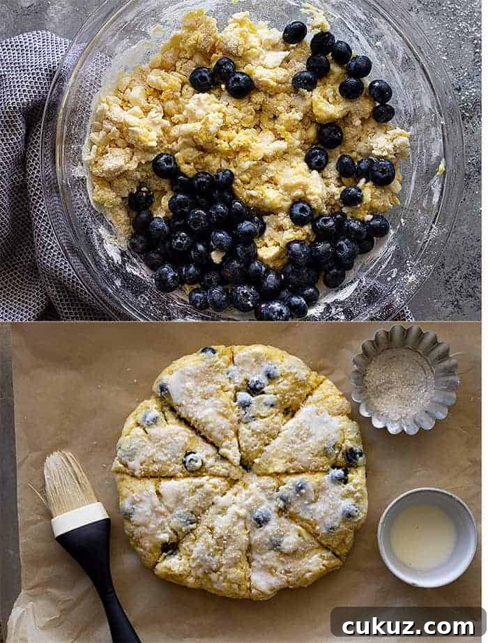 overhead process shot collage: top image shows the blueberries being added to the scones, bottom image shows scones on a baking sheet cut and topped with sugar