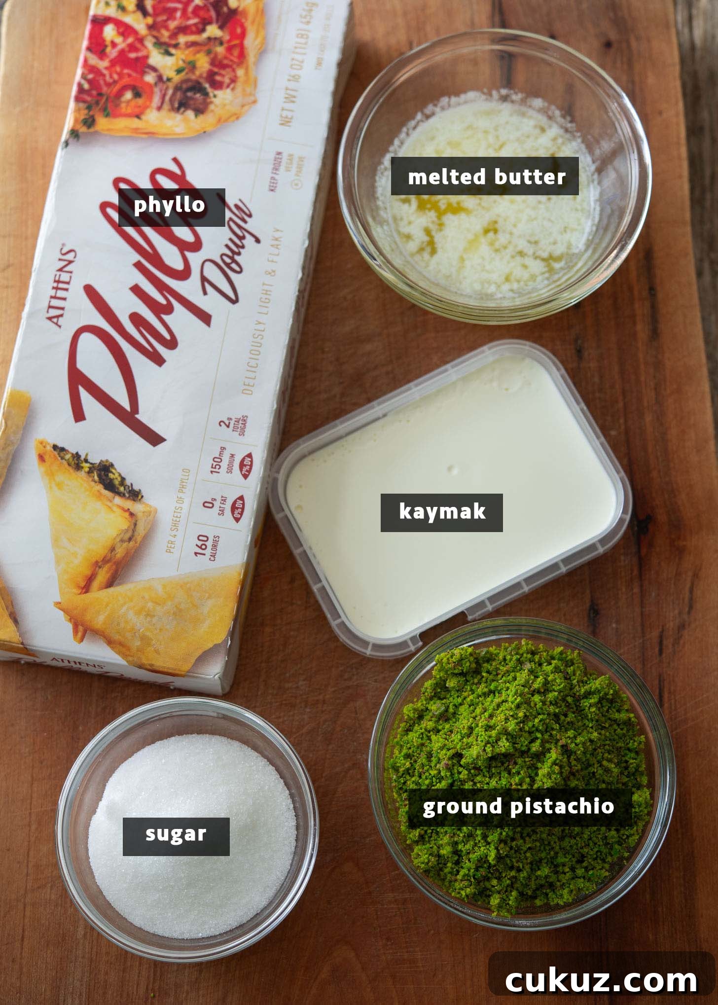Ingredients for making Katmer, Turkish pistachio pastry.
