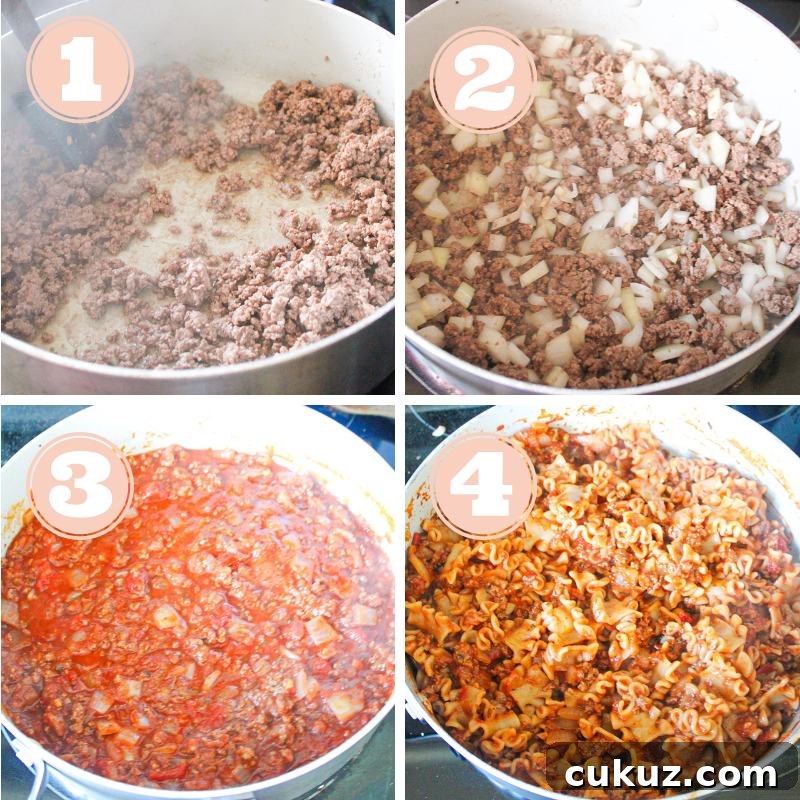 Four photos in a grid showing the first four steps of making deconstructed (lazy) lasagna- browning the ground beef, adding onions and garlic, adding tomato sauce, and then adding the pasta.