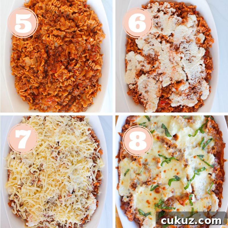 Four photos in a grid showing the last four steps of making deconstructed (lazy) lasagna- Putting the pasta mixture into a casserole dish, adding ricotta cheese, topping with mozzarella and parmesan, and then baking in the oven.