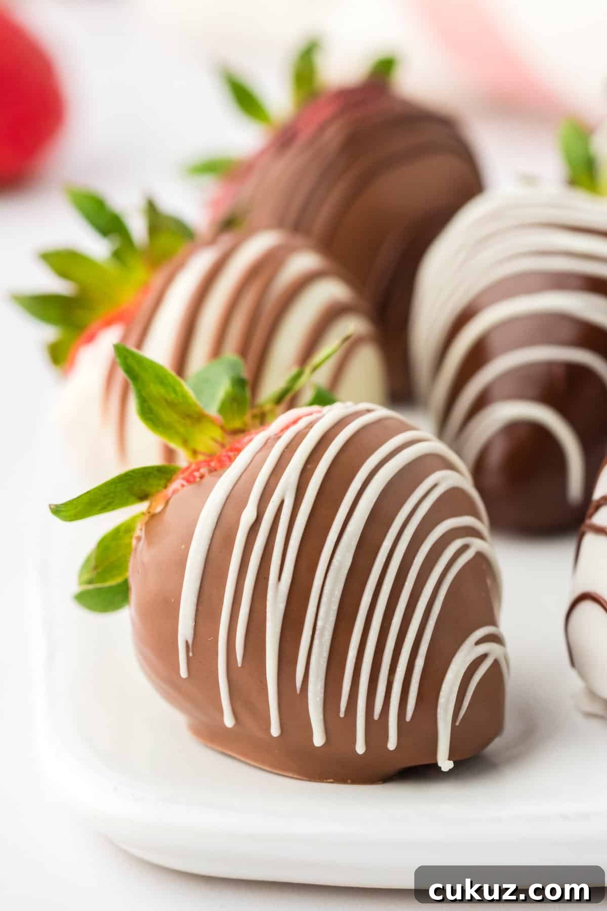 chocolate covered strawberries on a white plate