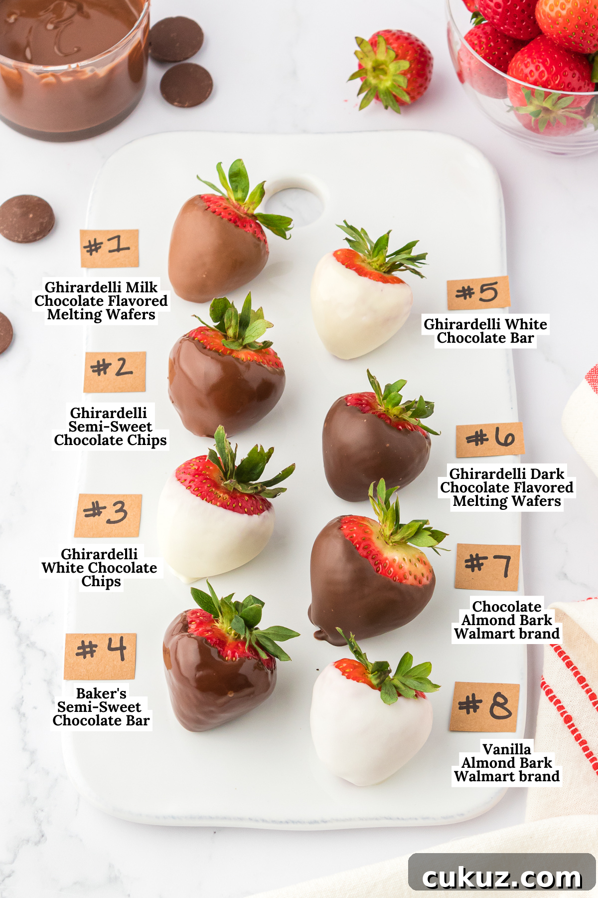 Chocolate covered strawberries on a white cutting board surrounded by chocolate, fresh strawberries, and numbered and labeled with the names of which chocolate they were dipped with