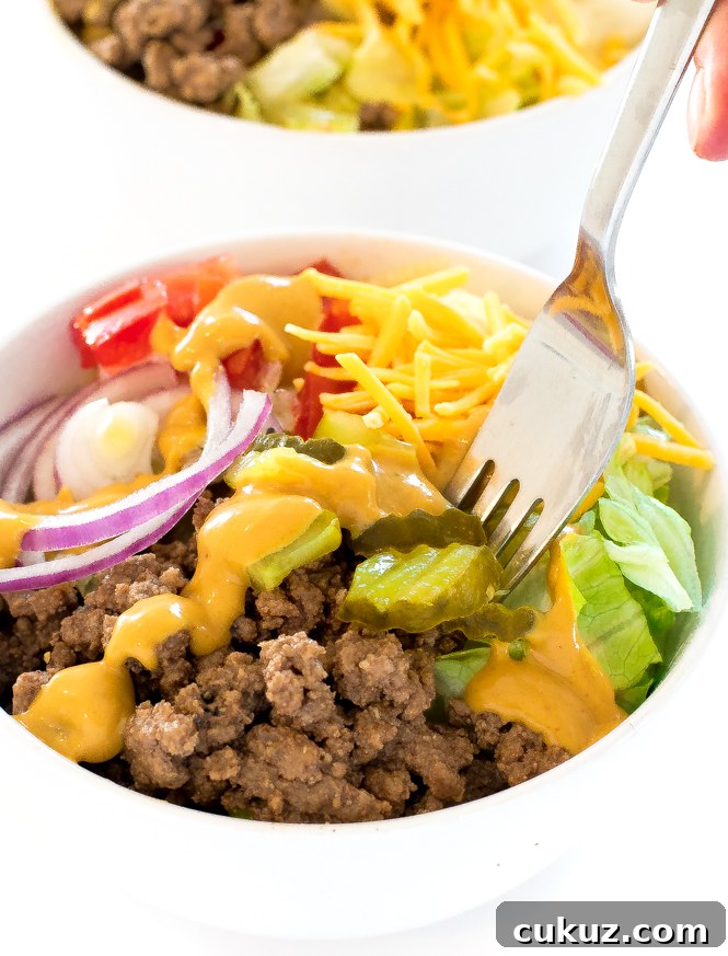Easy Beef Burger in a Bowl (aka Cheeseburger Salad) in a white bowl with hamburger sauce and cheese