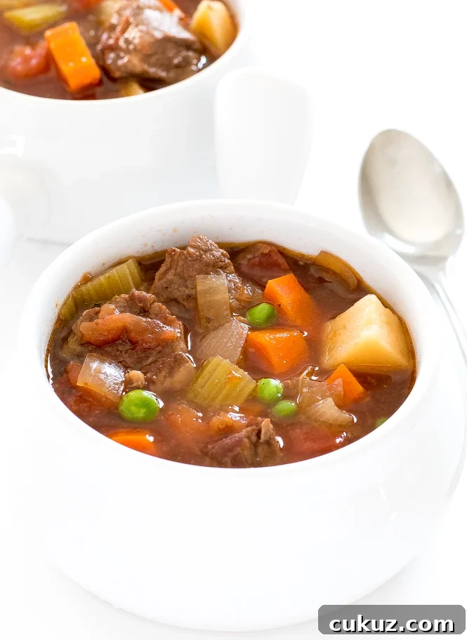 Delicious crockpot vegetable beef stew in small white bowl.