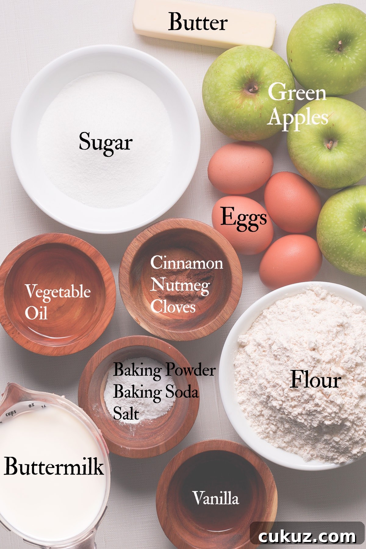 All the ingredients needed to make Irish Apple Cake.